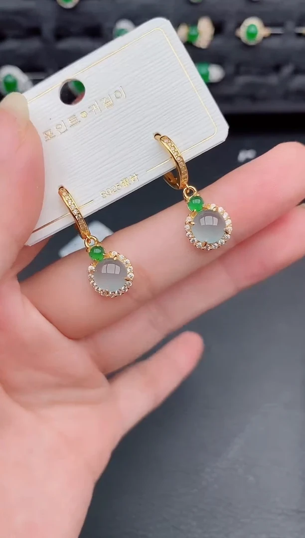 银S925镶嵌翡翠耳饰天然a货翡翠324