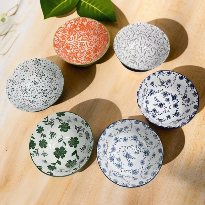 6.25英寸日式高脚双面印花家用饭碗陶瓷釉下彩餐具