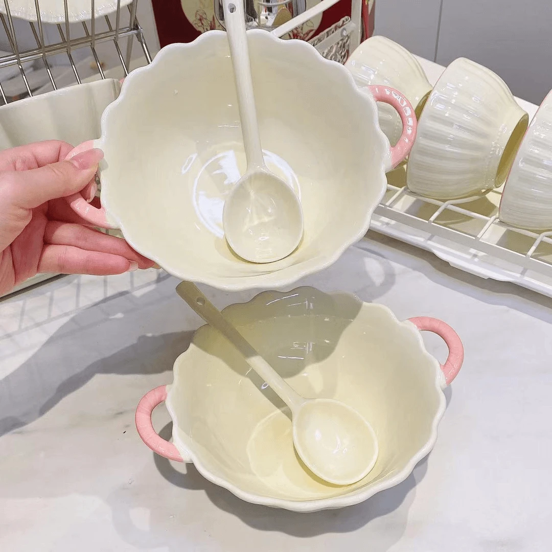 奶油风精致双耳汤碗陶瓷碗花瓣花边粉色家用面碗2碗2勺家用饭碗