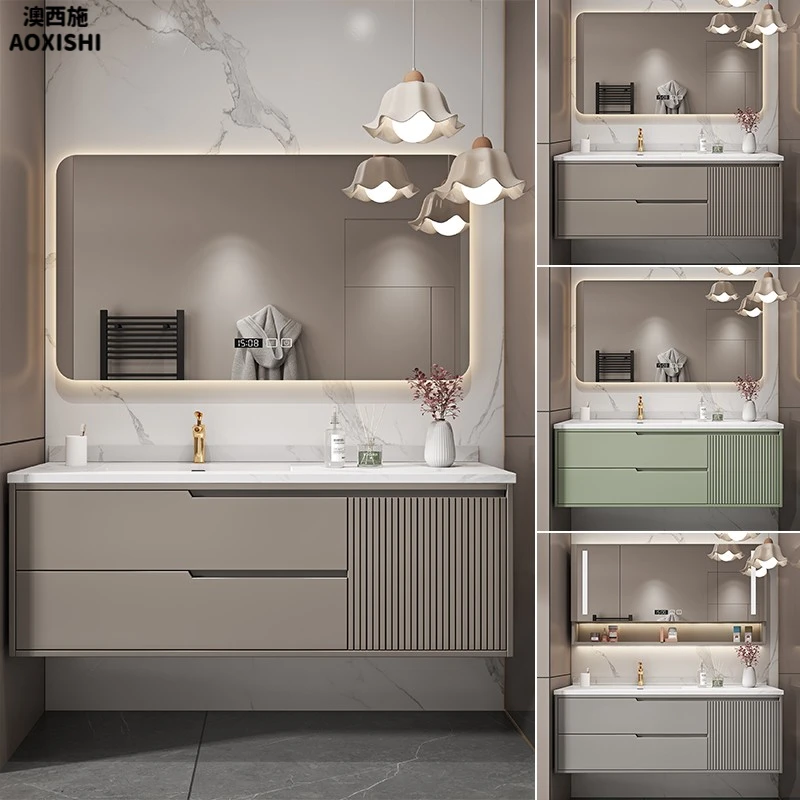 澳西施轻奢烤漆岩板无缝一体盆浴室柜组合橡木智能镜卫生间洗漱台