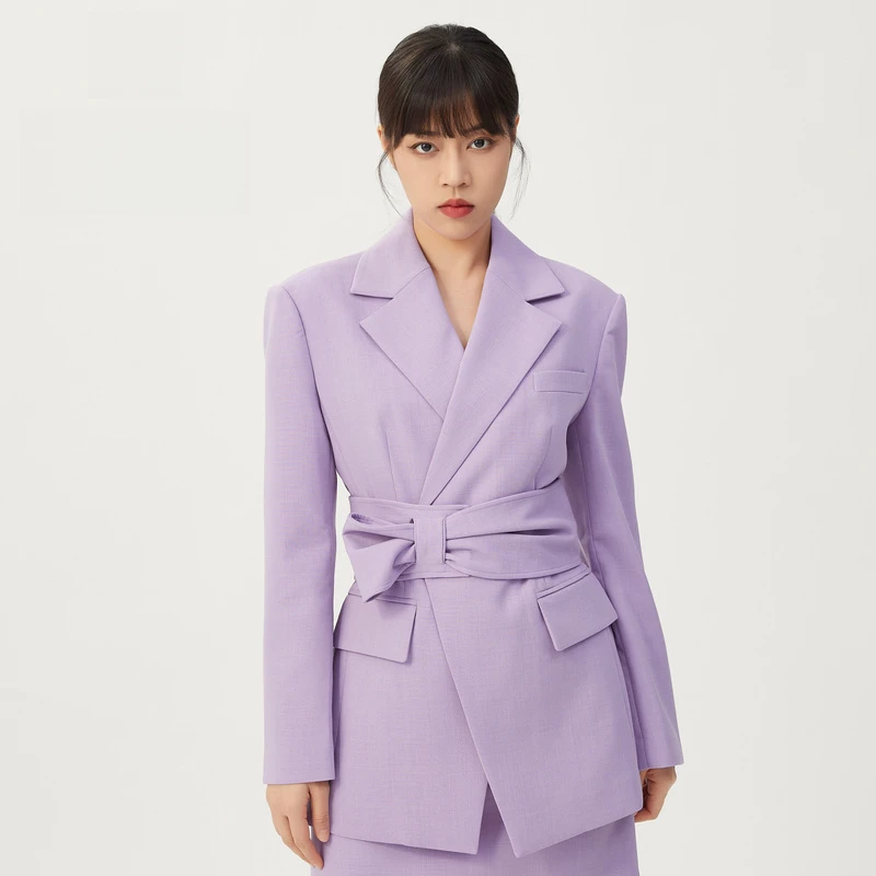 阿玛施AMASS新款女装小众纯色羊毛系带长袖西装外套附腰带5400722