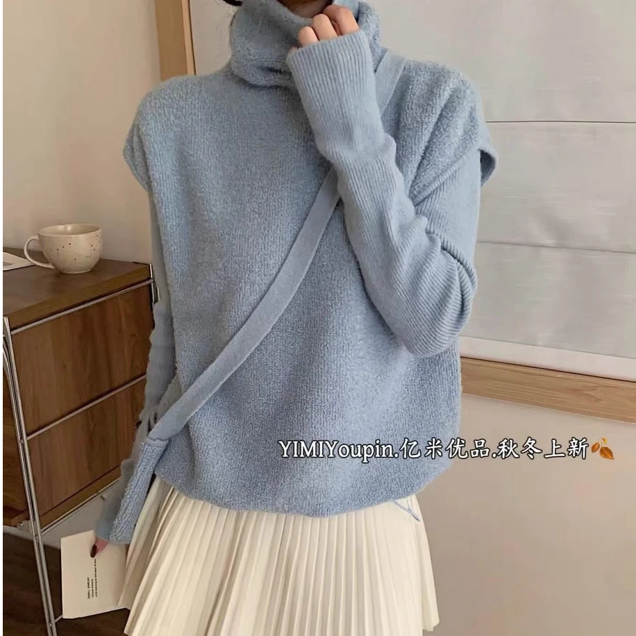 秋冬新款韩系打底针织衫+高领背心马甲配包包百搭休闲套装毛衣女