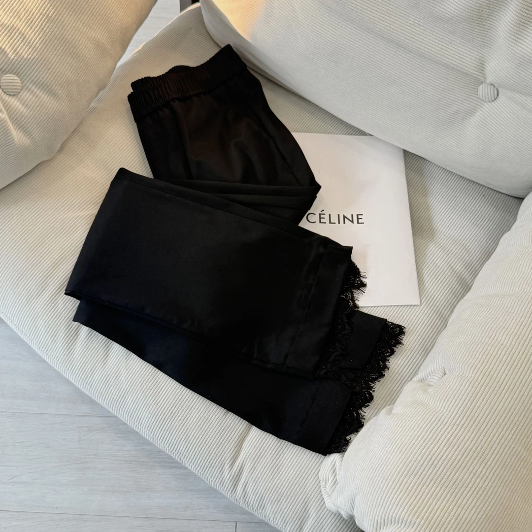 2025夏季新款休闲显瘦修身裤子女百搭蕾丝花边时尚小黑裤女8656