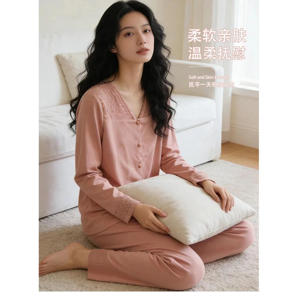 冬季加厚睡衣女新款爆款蛋白磨毛德绒保暖长袖家居服套装（香槟粉）