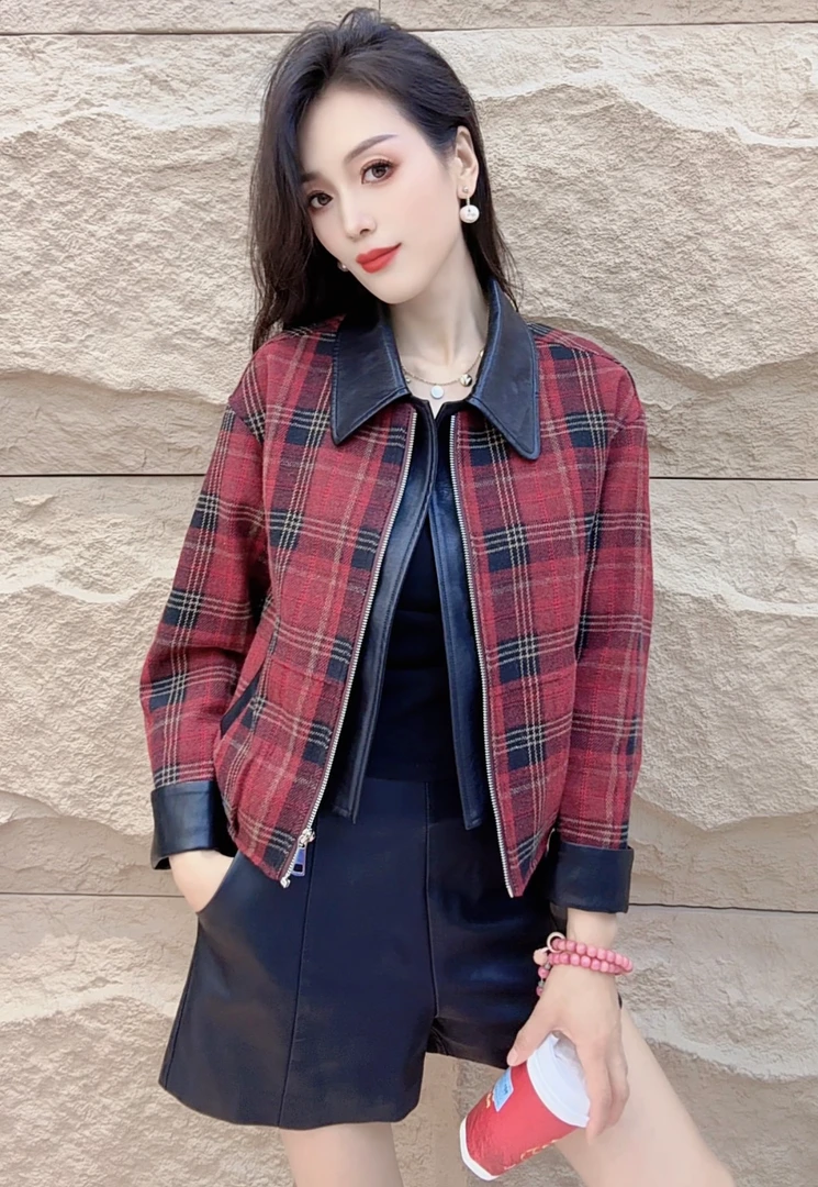 yipinyuxi/依品羽茜海宁正品2025秋冬新款时尚休闲格子皮衣外套女