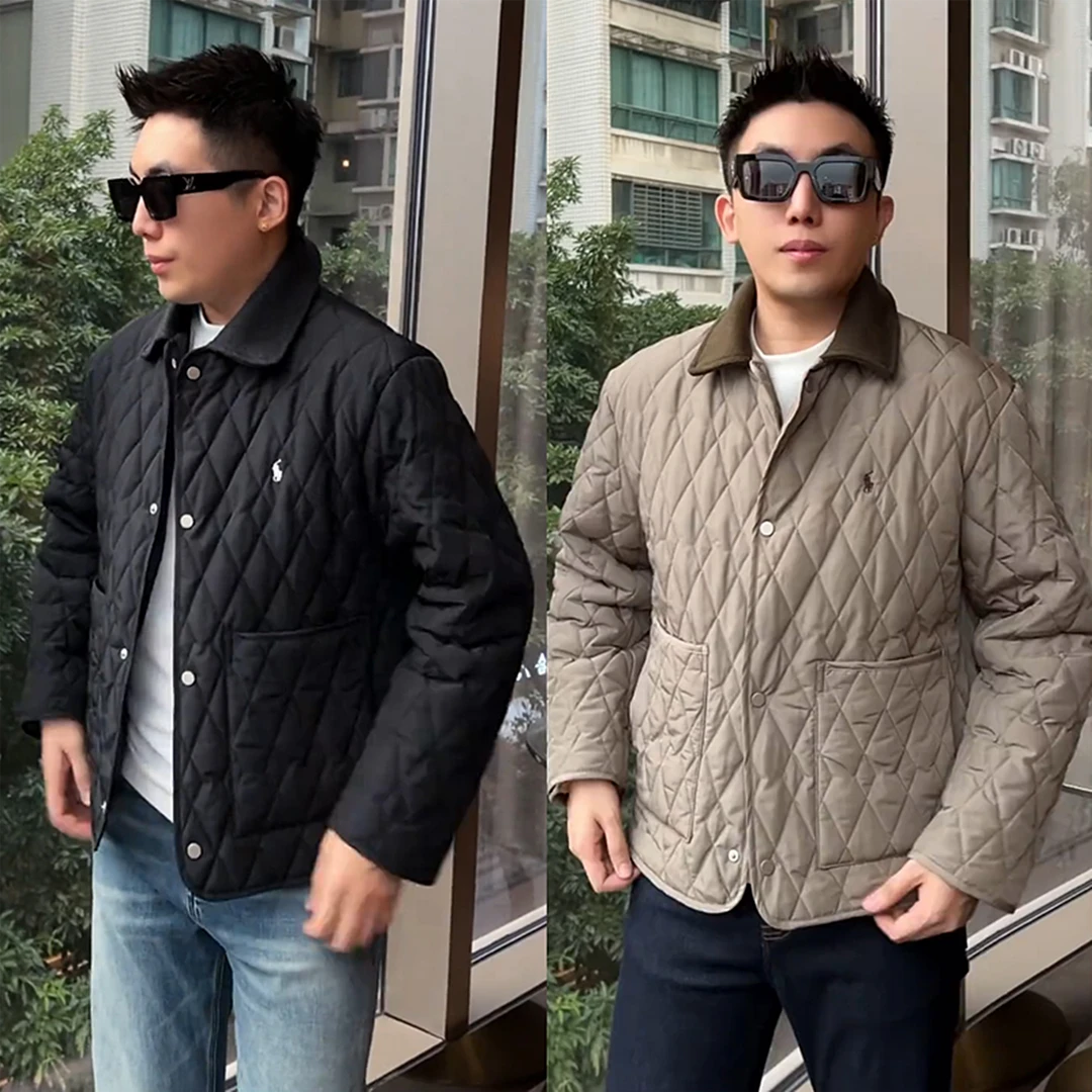 冬季新款编织格纹刺绣老钱风翻领棉服外套男士轻奢高级感棉衣夹克