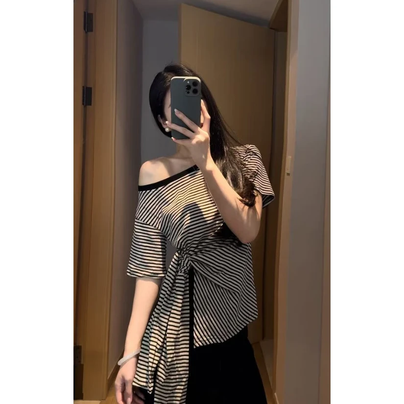 夏季新款韩系时尚气质休闲慵懒风条纹短袖上衣高腰半身裙两件套装