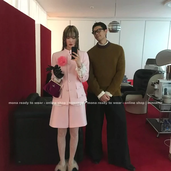 MONA 小香 粉色时尚上衣高腰中裤套装女小个子 2025新款