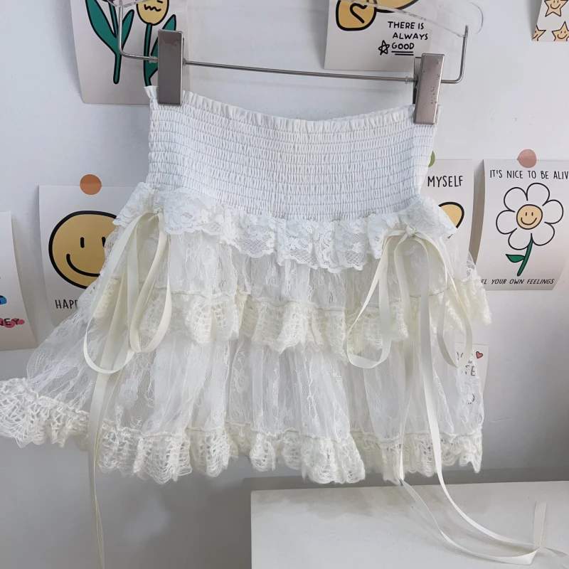 【钱呼呼】2025早春新款甜妹蕾丝花边白色蓬蓬裙松紧腰围防走光
