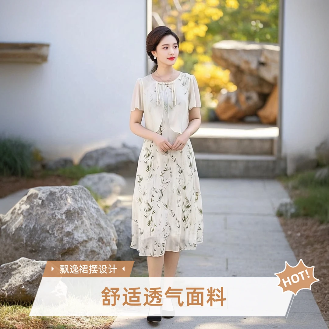 国风复古后妈裙拼接假两件连衣裙夏季新款优雅气质减龄碎花中长裙