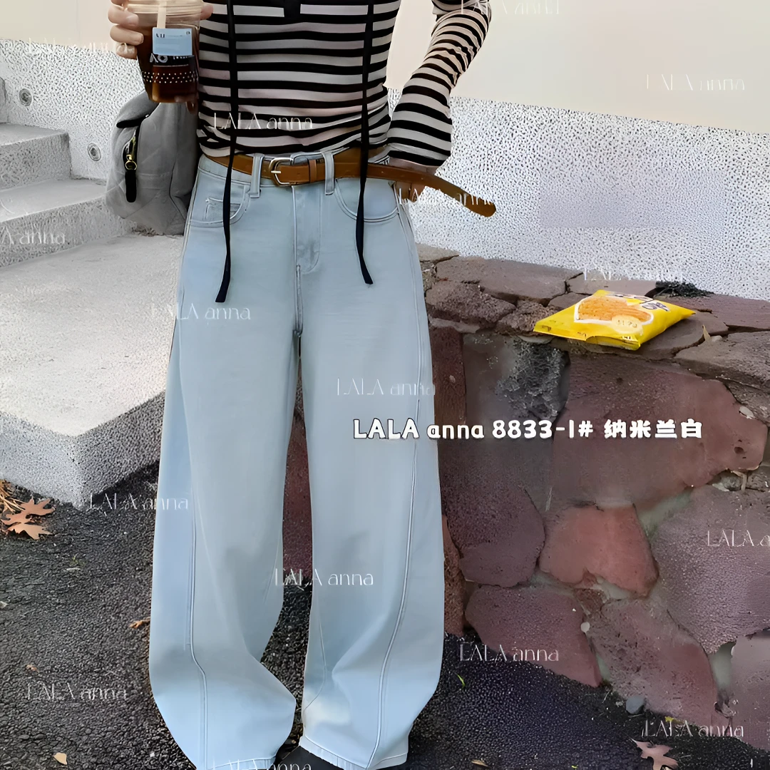 LALA新春款薄款牛仔裤8833阔腿裤蓝色拖地慵懒时尚弯刀宽松显瘦