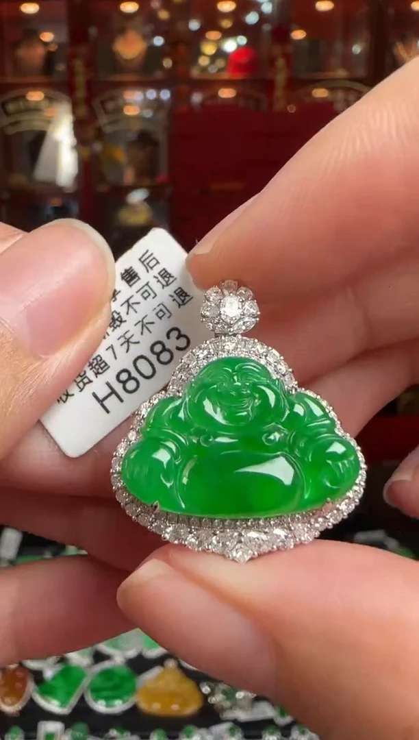 翡翠18K金镶嵌颈饰H8083冰辣绿佛公