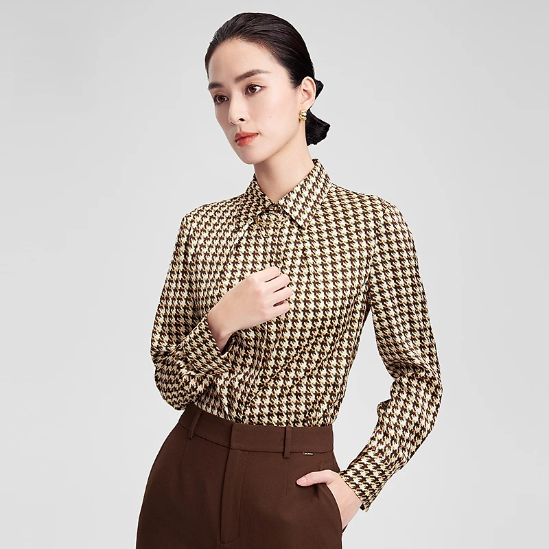 赢智尚高定印花桑蚕丝巧克力色千鸟格衬衫ZE00964