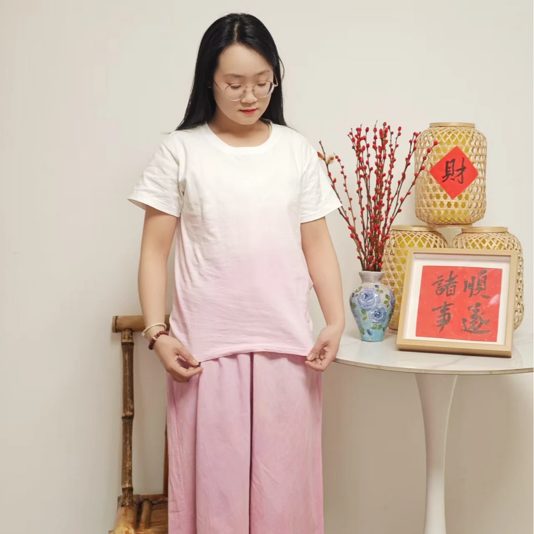 【遗文拾物】手工古法扎染棉麻粉色渐变T恤