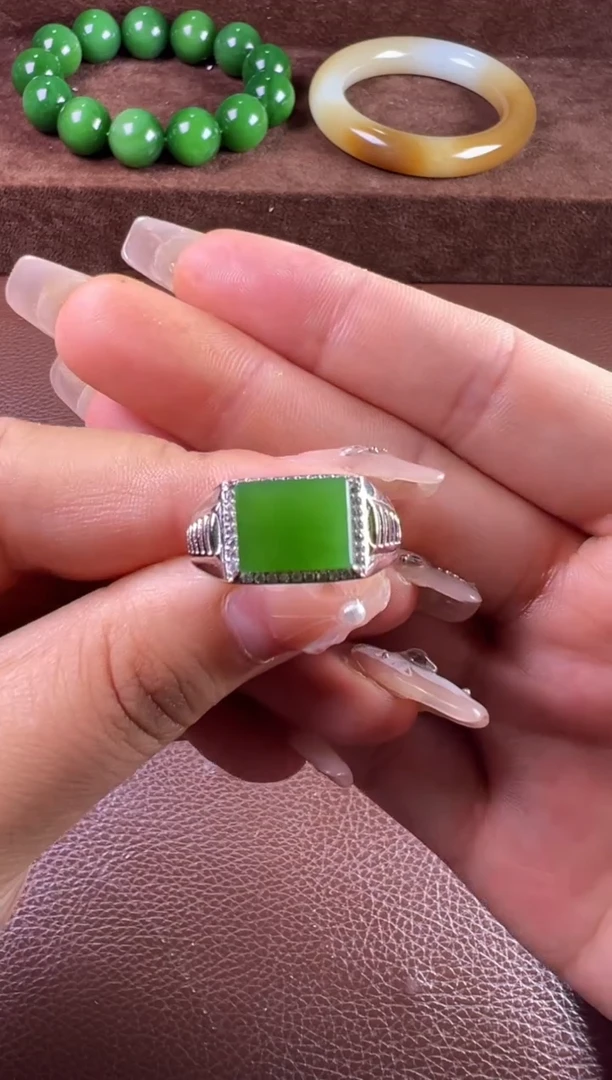 和田玉银S925镶嵌挂件戒指