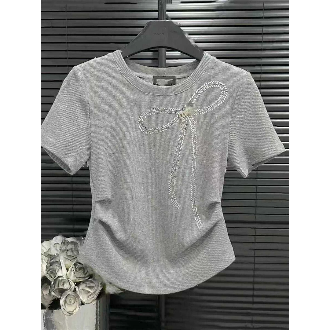 今年流行的新中式国风镶钻蝴蝶结短袖T恤夏季女时尚洋气显瘦上衣