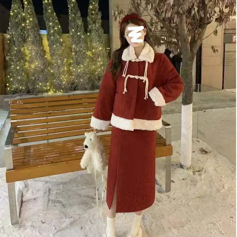 【顺丰发】韩系新年氛围感减龄韩系拼接加棉外套高腰半身裙显瘦套装