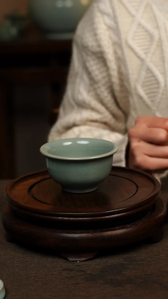 瓷片仿古天青全手工永乐压手杯120ml 微瑕 不带礼盒