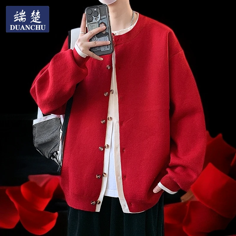 假两件大红色毛衣开衫本命秋冬休闲宽松慵懒风2025新款国潮针织衫