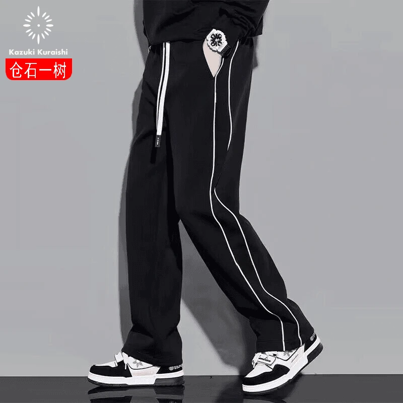 仓石一树2025新款直筒休闲裤男宽松潮牌春秋垂感阔腿裤条纹百搭裤