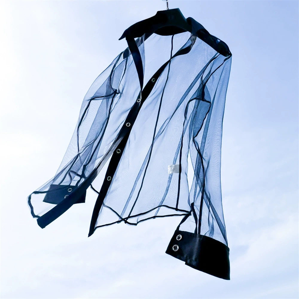 户外性感网纱衬衫夏季修身薄款百搭上衣防紫外线运动OL白领女装