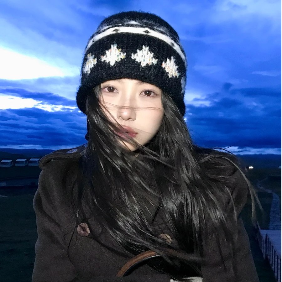 复古提花费尔岛针织毛线帽女秋冬保暖显脸小包头帽卷边冷帽爆款