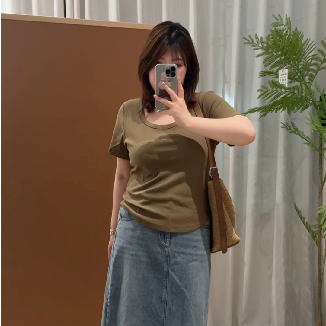 大码胖妹妹夏季新款显瘦百搭大方领显气质高弹力短袖T恤