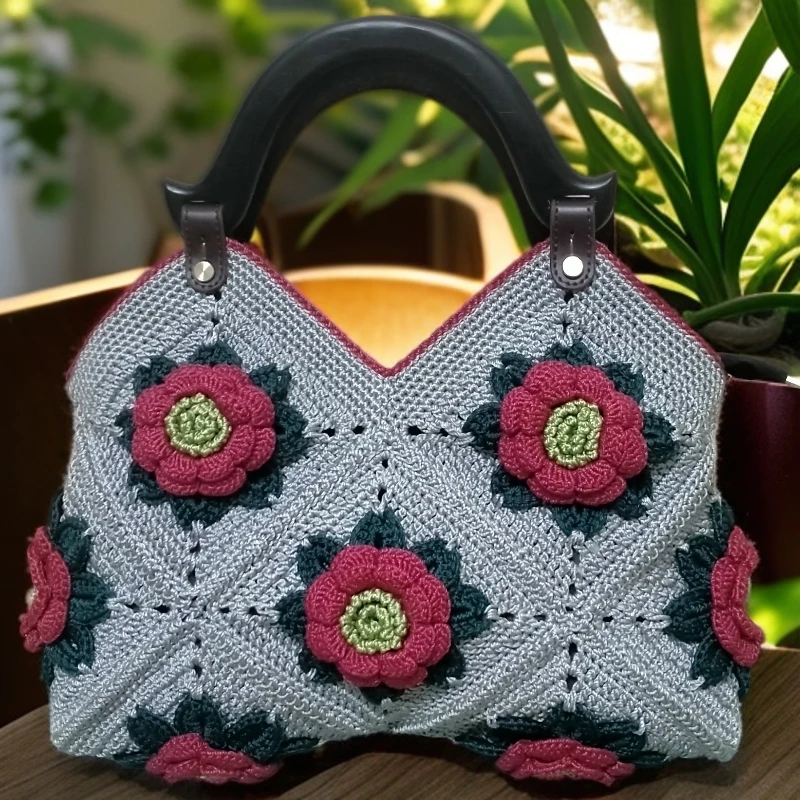 手工钩织花朵手提包成品宽35高25