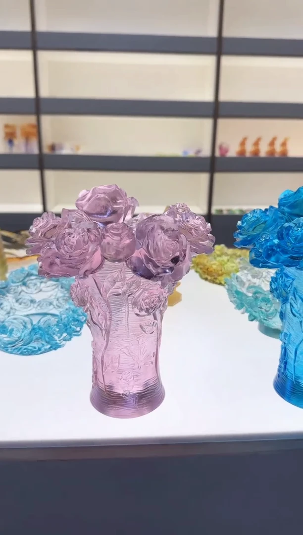 手工艺品琉璃粉色玫瑰花瓶