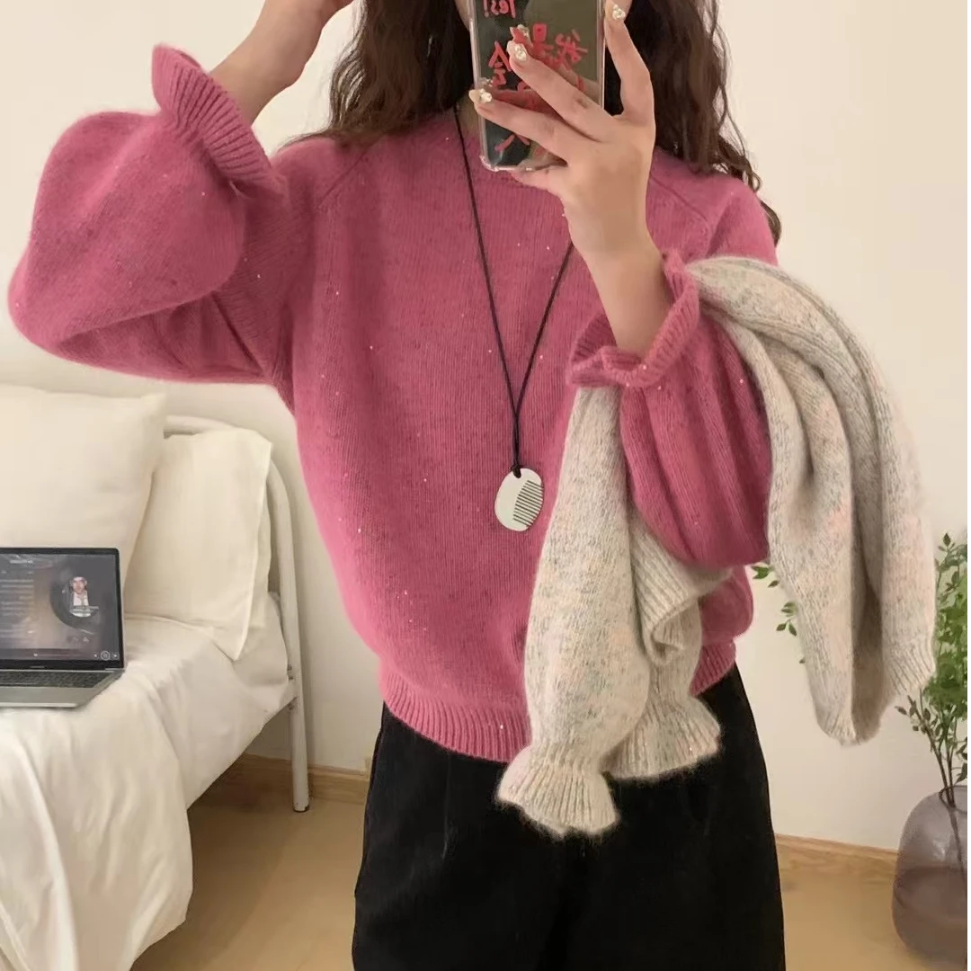 年货节专属【高级灰浣熊亮片】新款韩版百搭亲肤套羊毛衫女