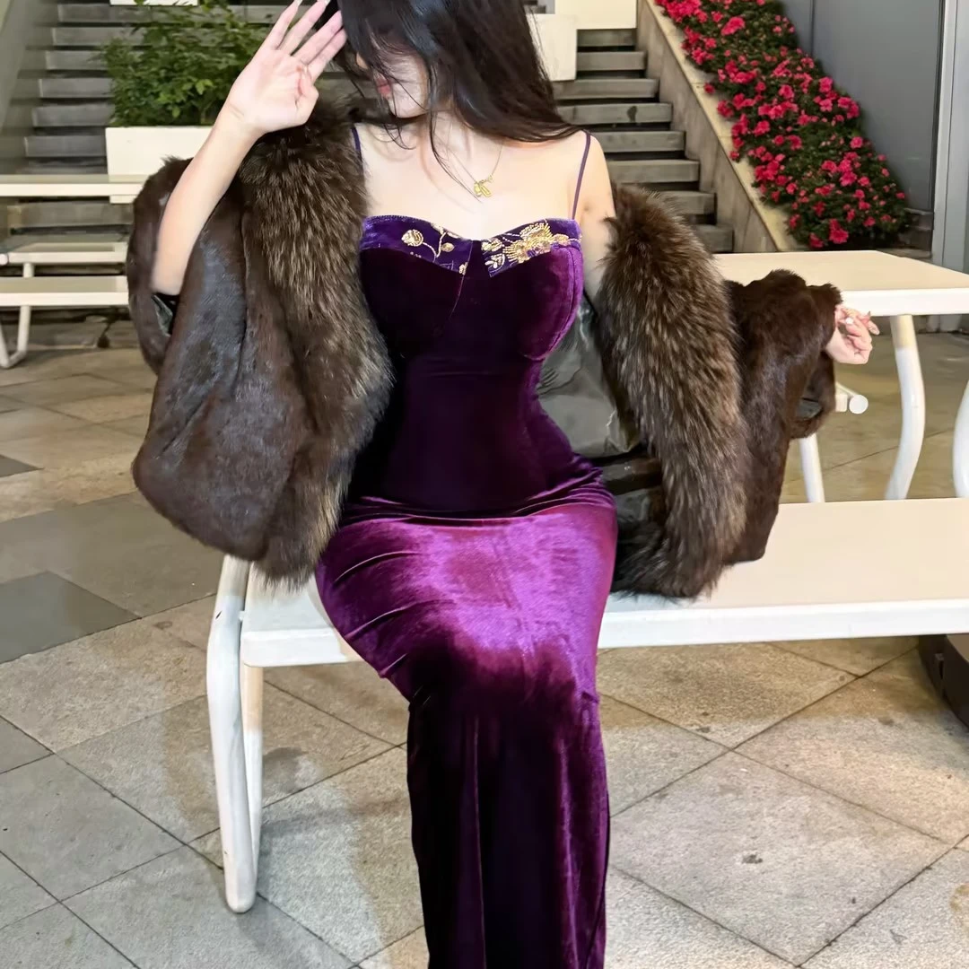 LHMknk1画报夫人原创美艳丝绒钉珠吊带长袖 紫色丝绒钉珠