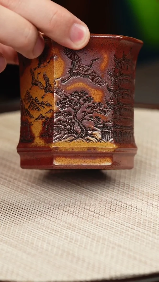 茶壶紫砂火云烧 六方直筒杯