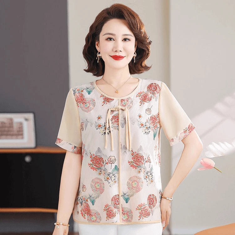 中老年女装套装妈妈夏装短袖上衣新中式洋气小衫遮肉时尚两件套H