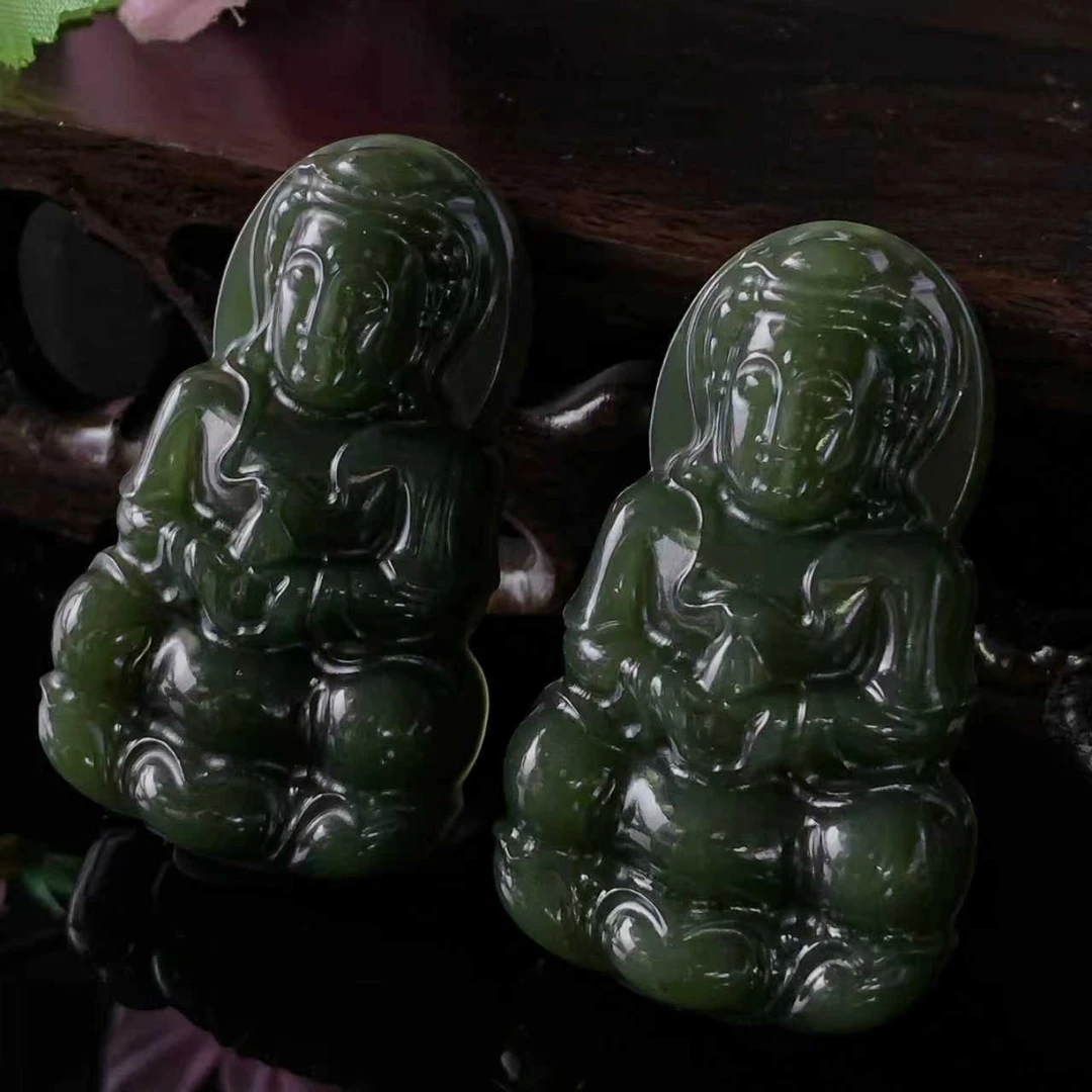 H4902高43左右-青黄和田玉观音吊坠-配珠链-多样性发其一