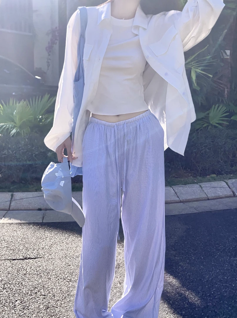 SSYDFER【舒适圈】春夏新款时尚条纹薄款松紧腰阔腿垂感拖地长裤