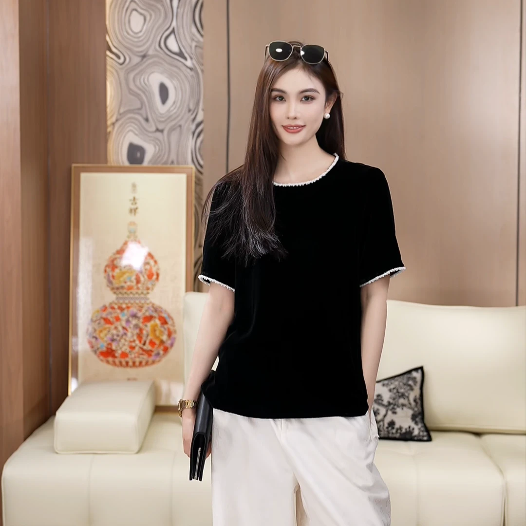 小米珠钉珠真丝丝绒后背蕾丝真丝丝绒夏季短袖上衣A050850