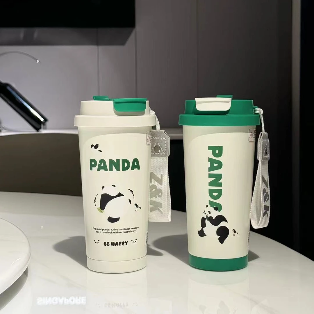 帝怡双饮熊猫咖啡杯喷陶吸管直饮学生保温水杯保冷保热制冷两用