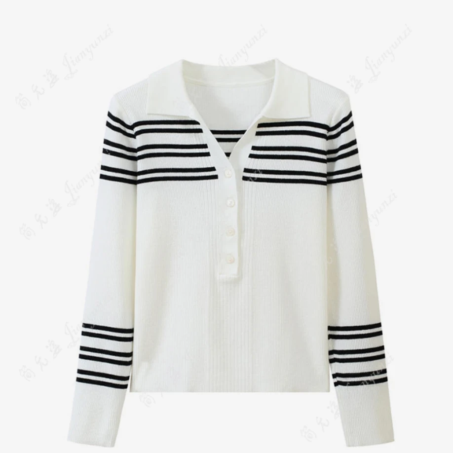 流行单品韩系条纹polo领正肩针织短袖T恤女2025秋季新款修身上衣