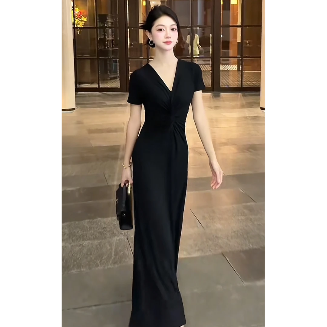 法式V领大摆长裙显瘦气质夏季收腰修身后妈裙2025爆款连衣裙3003