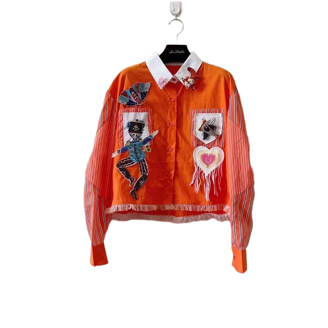 ATT潮牌2025长袖条纹印花衬衫秋季POLO领时尚女装翻领拼接