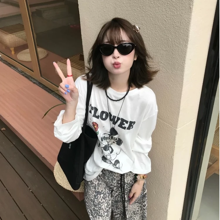 小花卡通印花长袖T2025早秋新款薄款宽松慵懒减龄上衣女