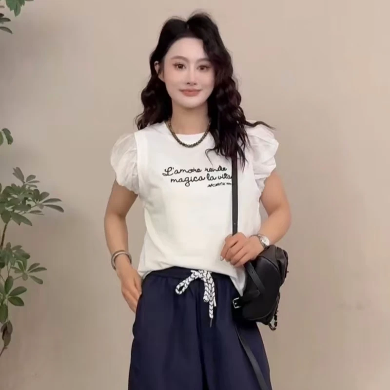 【墨臻精选】夏季新款圆领褶皱袖设计感时尚个性宽松型T恤2032