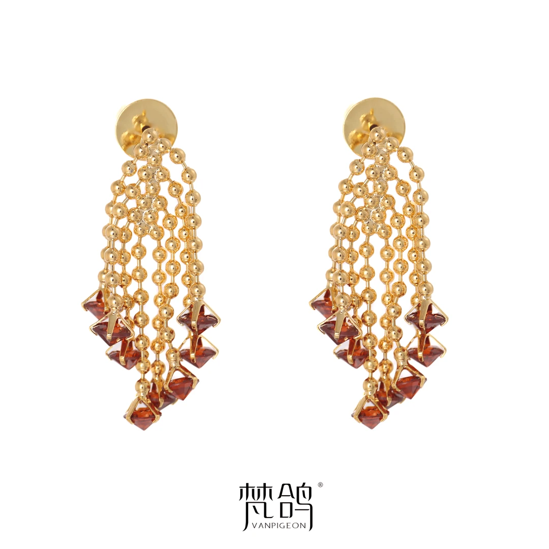 VANPIGEON/梵鸽 黄铜耳饰  精致锆石烟花高级感流苏复古耳环