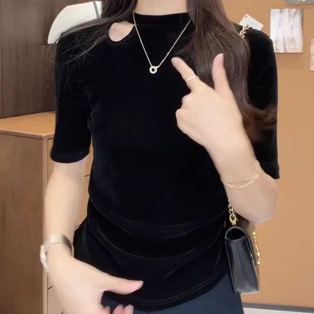 T恤早秋气质丝绒镂空上衣女士C6102