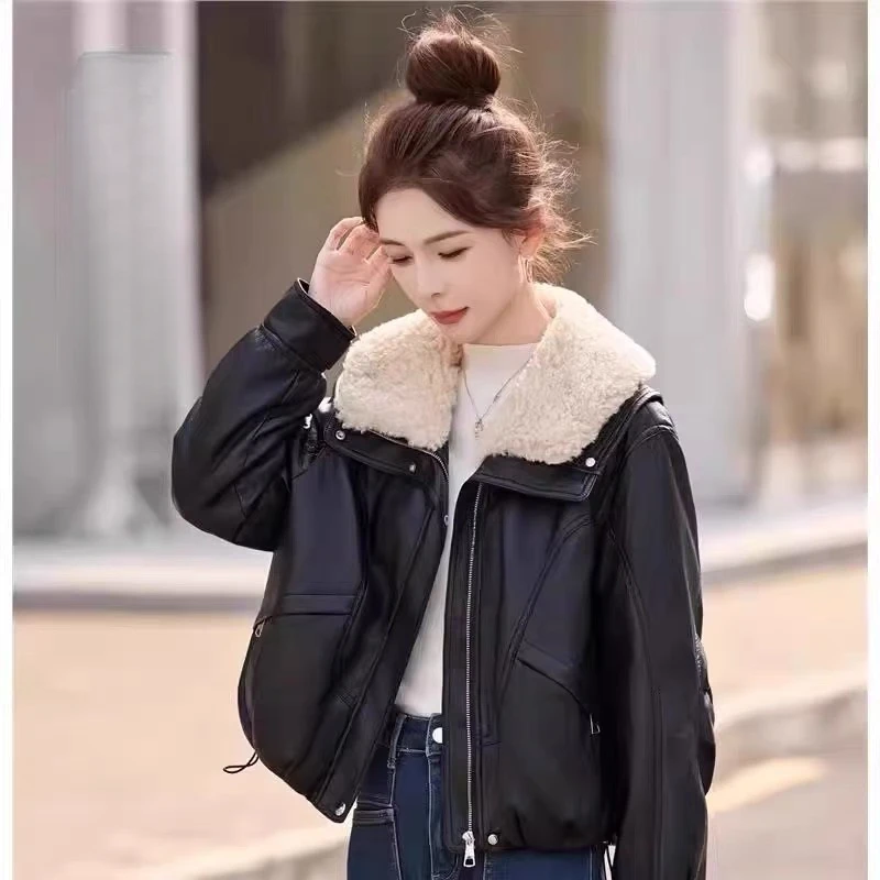 晴晴自留 毛绒大翻领加绒加厚皮衣外套女2025冬新款宽松显瘦棉服