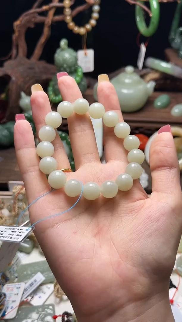 手串未镶嵌和田玉卡12且末青白圆珠9009278