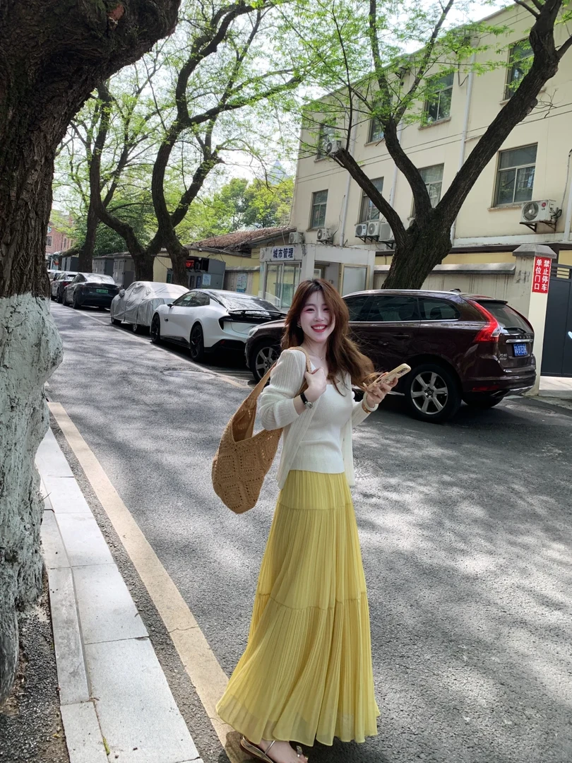 2025春夏新款超火今年流行针织背心开衫上衣搭配高腰百褶裙两件套