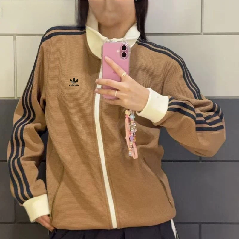 【品牌撤柜】刺绣标三条杠男女同款立领夹克春秋季华夫格外套