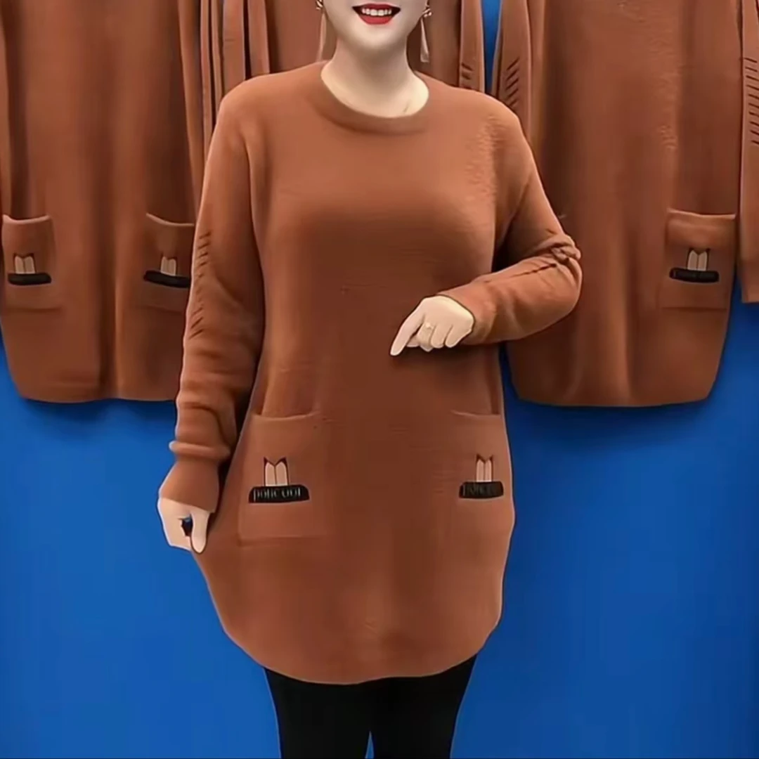 秋冬季百搭减龄显瘦高档针织衫新款时尚洋气双兜妈妈装中长款毛衣