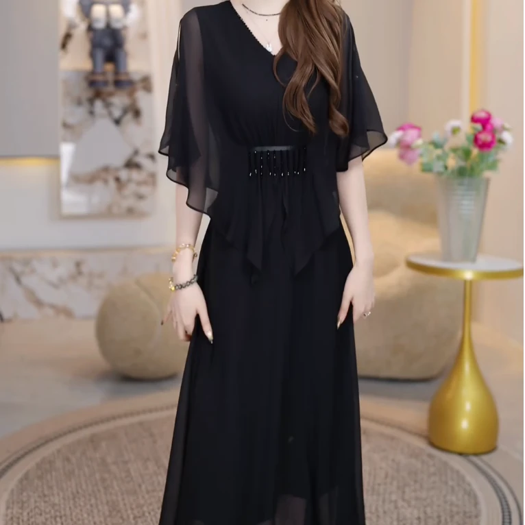 【蝶舞翩跹】V领连衣裙夏季2025年新款收腰显瘦气质高端上档次A字裙